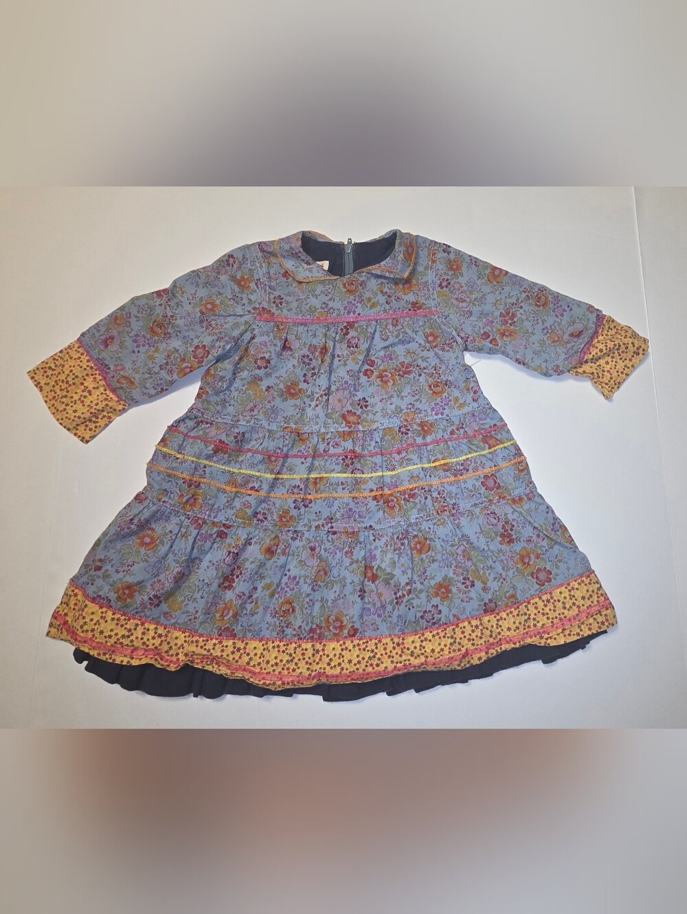 Catimini Light Blue Floral Tiered Long-Sleeve Dress